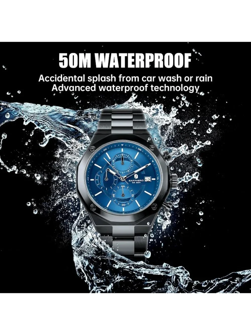 Men's Black Blue Analog Quartz Chronograph Stainless Steel Waterproof Wristwatch